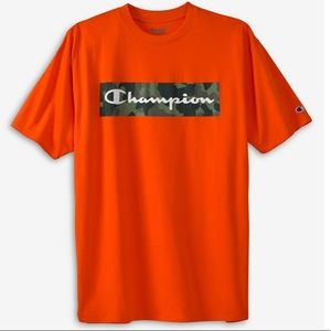 Champion Tee with Camo behind Script